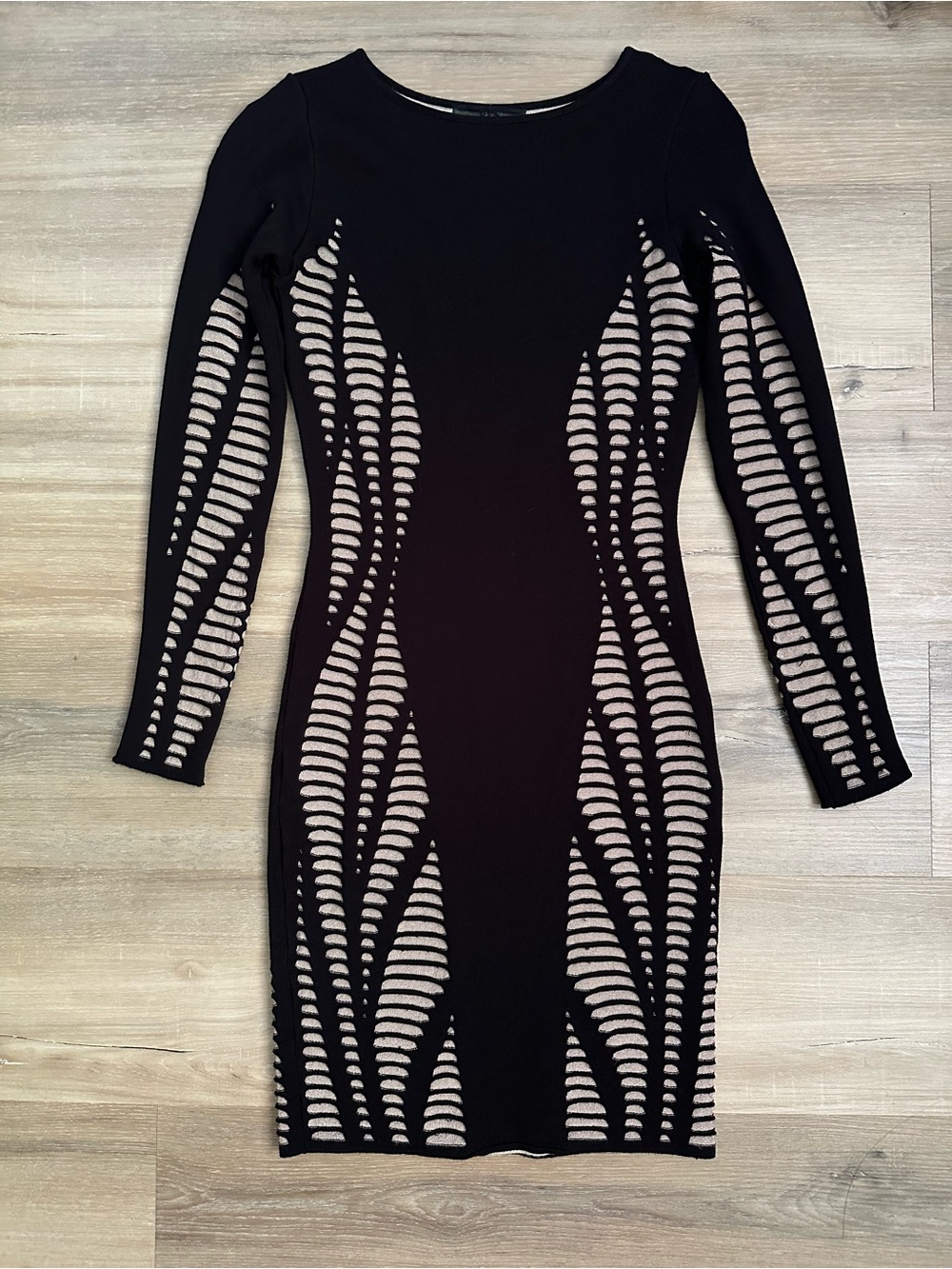 RVN Black Nude Illusion Cutout Long Sleeve Bodycon Dress Size S